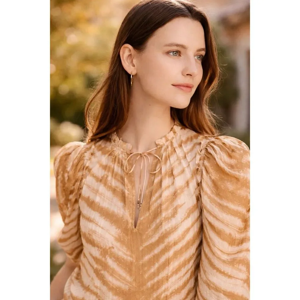Ulla Johnson Madena Blouse Size 00 Sand Tie Dye Ruffle Boho Top